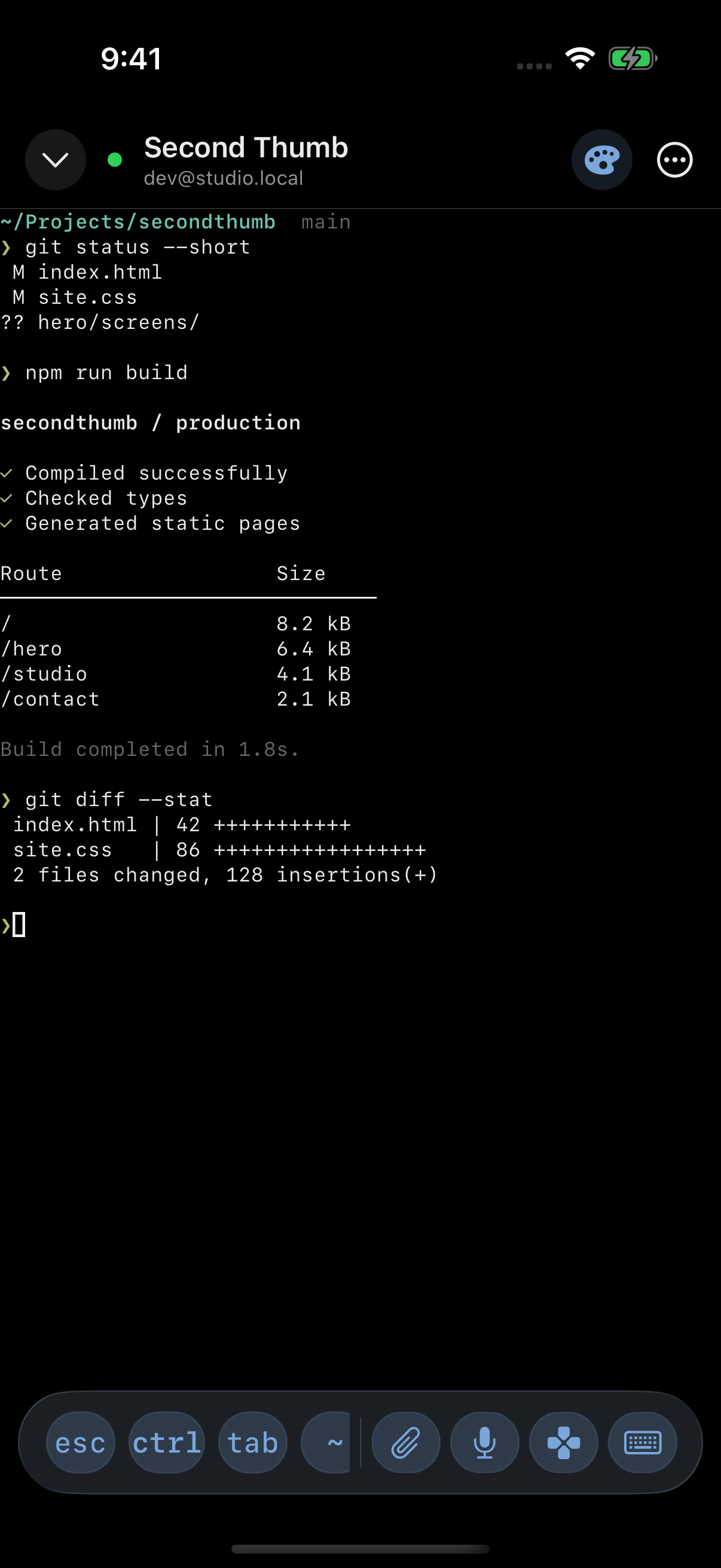 Hero running a terminal session with a build and git changes